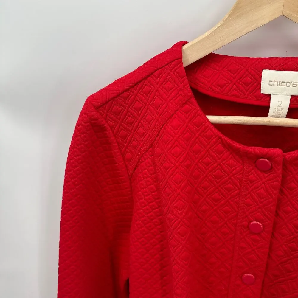 CHICO'S Red Quitled Textured Snap Closure Knit Jacket Blazer // L - Picture 3 of 13